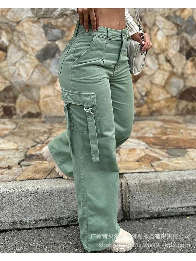 Wepbel Pocket Straight-Leg Overalls Pants 2023 Fashion Overalls Women Trousers Army Green Casual Patch Solid Color Cargo Pants