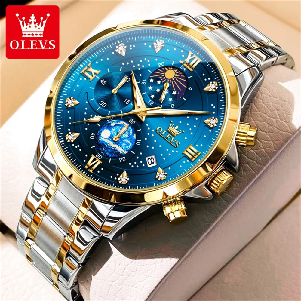 OLEVS 9807 New Man Watch Starry Sky Moon Phase Chronograph Waterproof Luminous Auto Date Hand Clock Luxury Quartz Watch for Men