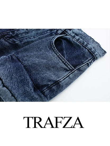 TRAFZA Women's Retro Denim Overalls Fashion High Waist Multi-Pocket Decoration Women's Zipper Trousers American High Street Jean