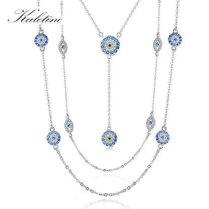 KALETINE 925 Sterling Silver Necklace Earrings Women Round Luck Evil Eye Ring Necklaces Blue Zircon Long Link Turkey Jewelry Set