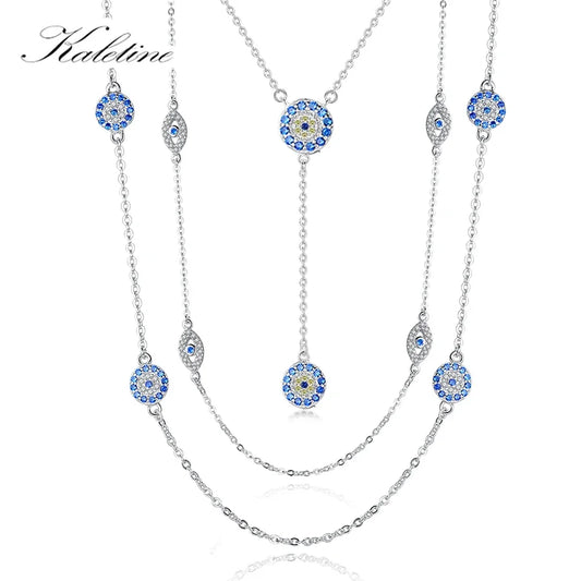 KALETINE 925 Sterling Silver Necklace Earrings Women Round Luck Evil Eye Ring Necklaces Blue Zircon Long Link Turkey Jewelry Set