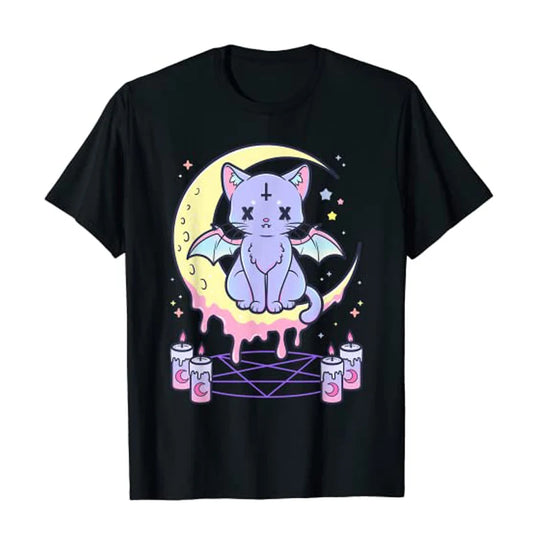 Kawaii Pastel Goth Cute Creepy Black Cat Tshirt Women Summer XS-4XL Tops Creative Pattern Personalized Street Tee Y2k