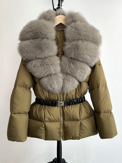 Janveny Super Big Real Fox Fur Winter Women 90% White Duck Down Jacket 2024 Ladies Slim Warm Puffer Coat Female Thick Parkas