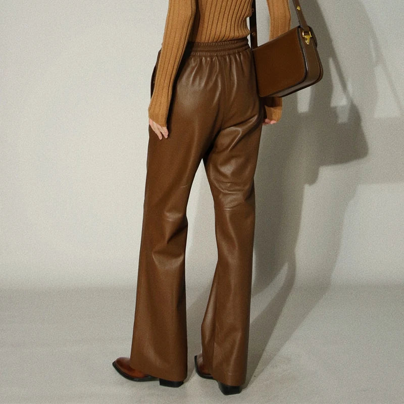 Leather Long Pants Women New Commuter Elastic Waist Drawstring Slim Sheepskin Wide Leg Full Length Straight Cylinder Trousers