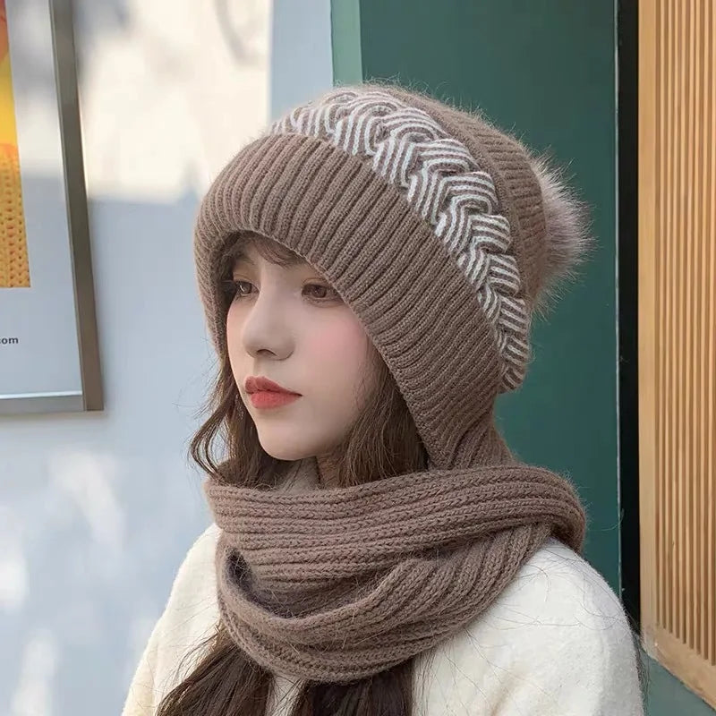 Hat Scarf All-in-one Female Winter Warm Rabbit Hair Knitted Cap Cycling Ear Protection Padded Cute Cold-proof Neck Cap