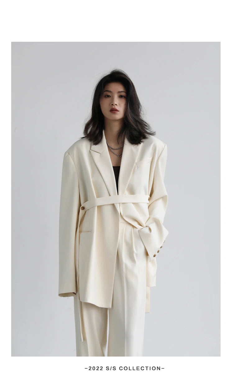 CHIC VEN Women Blazer Design Wide Shoulder Ribbon Solid Women's Medium Long Coat Office Lady Female Overcoat Spring Autumn 2022