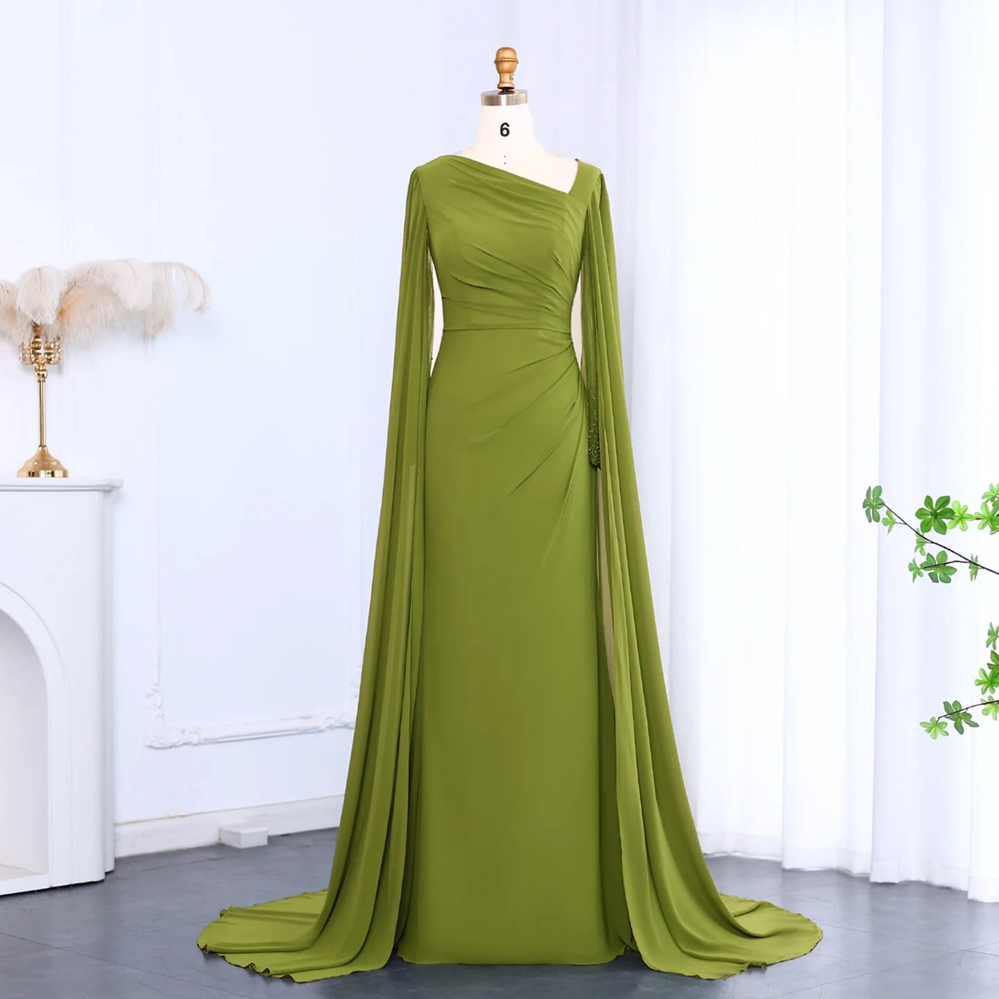 Sharon Said Custom Made Asymmetrical Sage Green Chiffon Arabic Evening Dress with Cape Sleeve For Women Wedding SF051 Customized