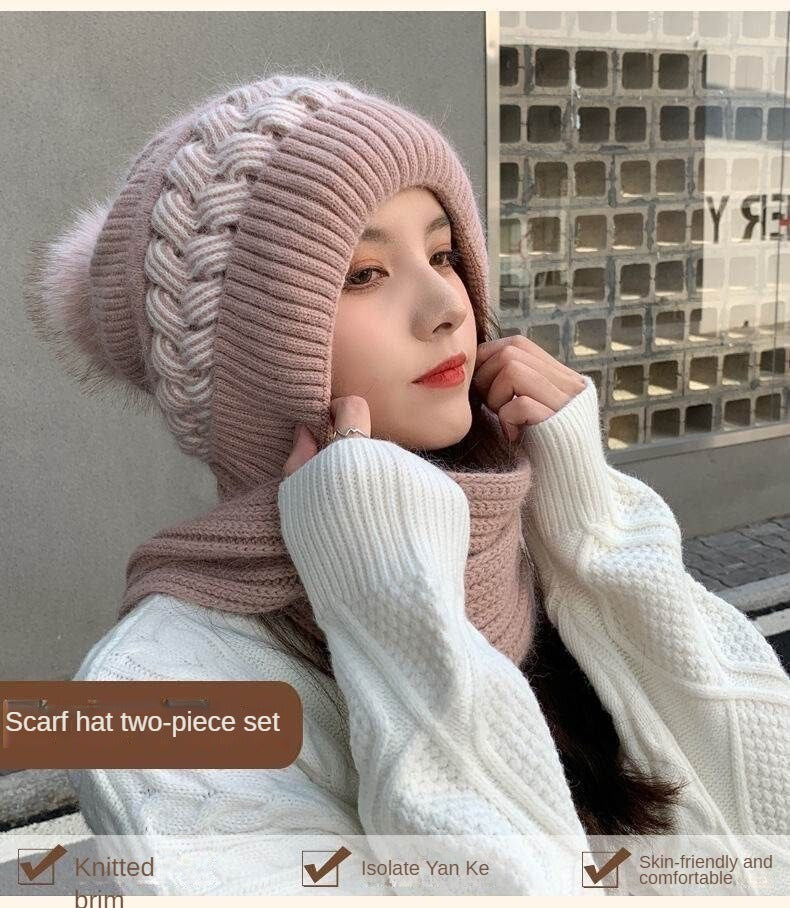 Hat Scarf All-in-one Female Winter Warm Rabbit Hair Knitted Cap Cycling Ear Protection Padded Cute Cold-proof Neck Cap