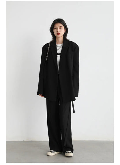 CHIC VEN Women Blazer Design Wide Shoulder Ribbon Solid Women's Medium Long Coat Office Lady Female Overcoat Spring Autumn 2022