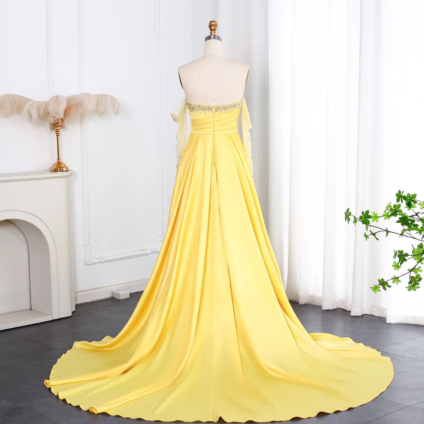 Sharon Said Elegant Sweetheart Yellow Satin Evening Dress with Gloves Beaded Pearls Women Wedding Party Gowns SS586 Customized