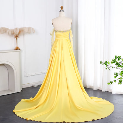 Sharon Said Elegant Sweetheart Yellow Satin Evening Dress with Gloves Beaded Pearls Women Wedding Party Gowns SS586 Customized