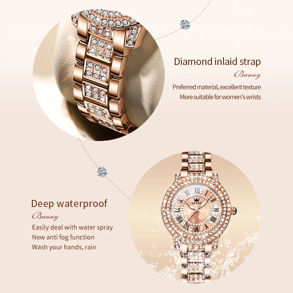 OLEVS Full Diamond Roman Dial Watch Women Luxury Elegant Stainless steel Waterproof High Quality Quartz Women's Watches 9943