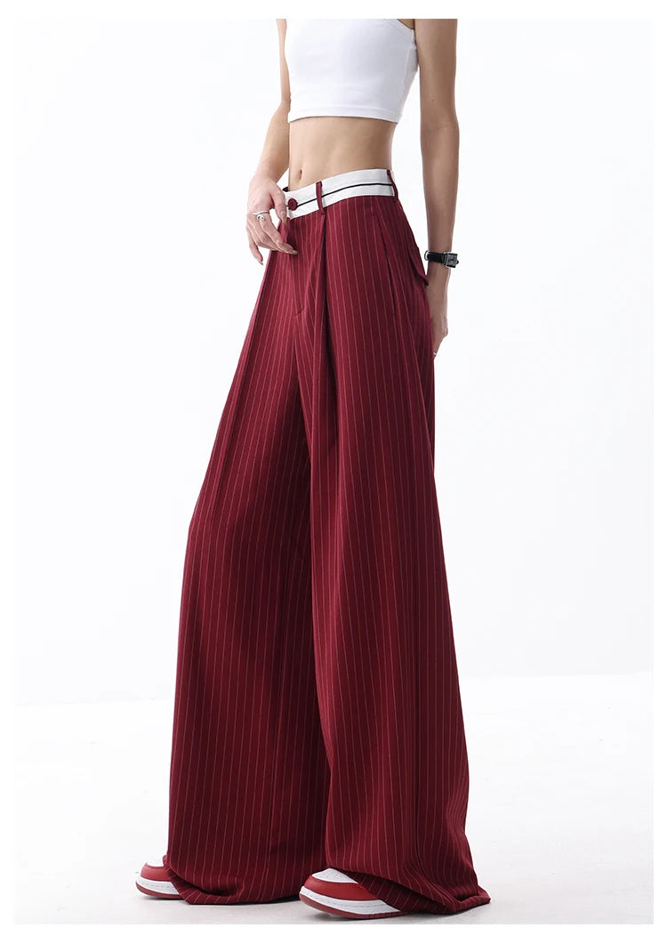 Korean Fashion Women Old Money Style Baggy Long Trousers Striped Vintage Irregular Design Loose Casual Pants 2000s Aesthetic New