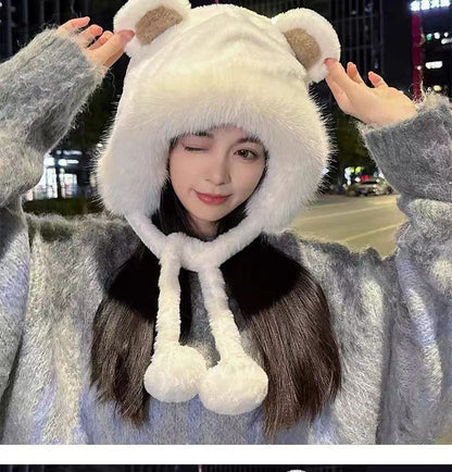 Winter Bear Plush Hat Outdoor Cycling Ear Protection Hat Thickened Warm Hat Casual Fleece Girls Hat Women's Warmth Essentials