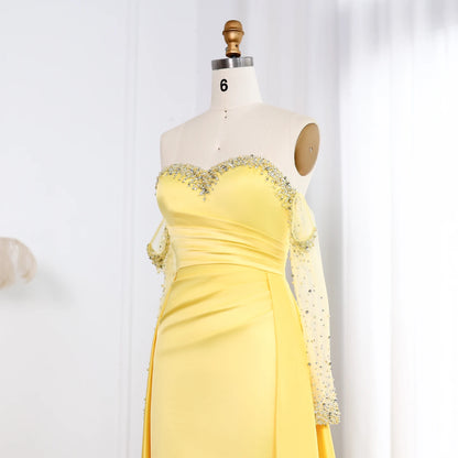 Sharon Said Elegant Sweetheart Yellow Satin Evening Dress with Gloves Beaded Pearls Women Wedding Party Gowns SS586 Customized