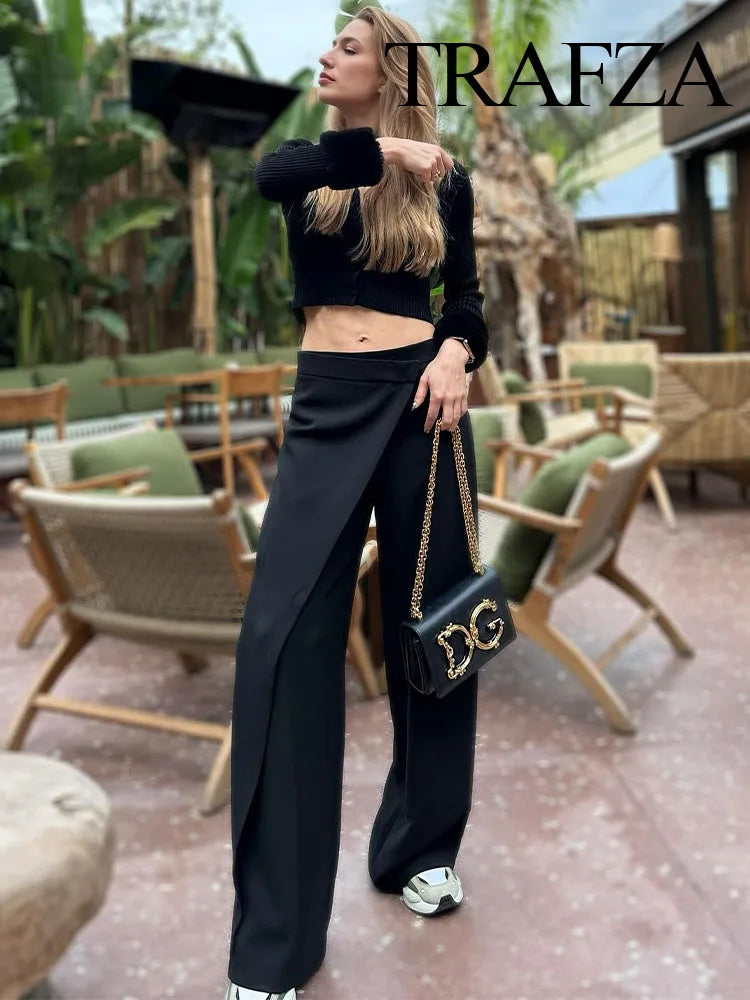 TRAFZA Women Fashion Khaki Elegant Loose Wide Leg Pants Casual Vintage High Waisted Side Zipper Female Long Trousers Streetwear