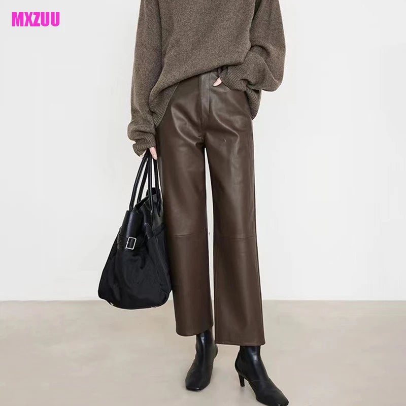 100% Leather Pants Women Autumn Winter Fashion Sheepskin High Waist  Slim French Baguette Pants Casual Straight Cropped Trousers