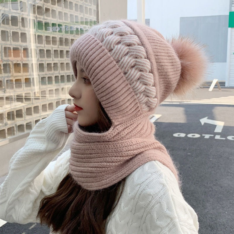 8PCS Hat Scarf All-in-one Female Winter Warm Rabbit Hair Knitted Cap Cycling Ear Protection Padded Cute Cold-proof Neck Cap