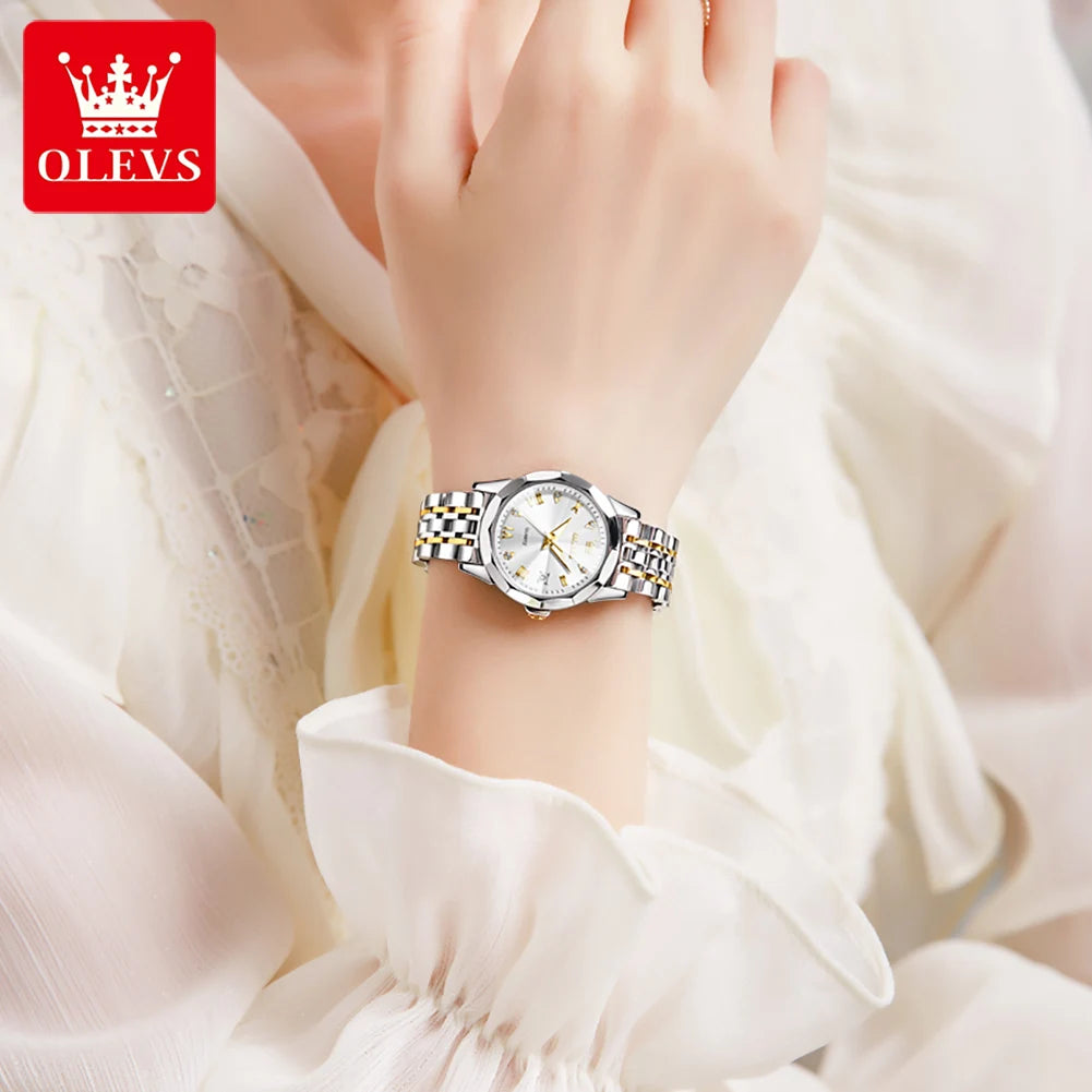 OLEVS Top Brand Women's Watches Elegant Rhombus Mirror Original Quartz Ladies Wristwatch Stainless Steel Waterproof Luminous New