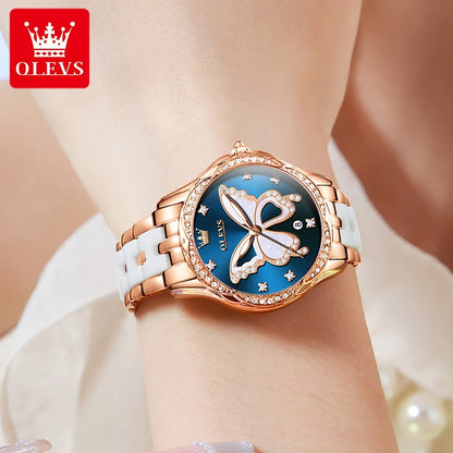 OLEVS Women's Watches Elegant Fashion Dress Original Quartz Wristwatch Butterfly Dial Ceramic Strap Waterproof Luminous Watch