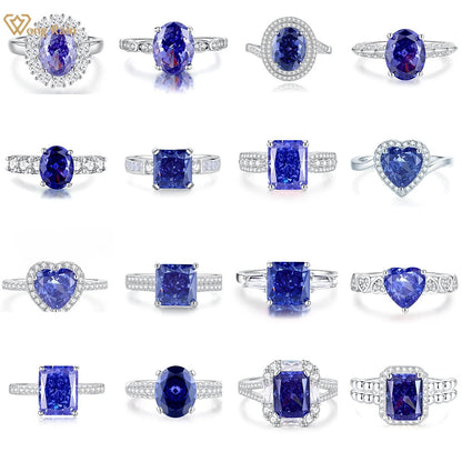 Wong Rain 100% 925 Sterling Silver Crushed Ice Cut Tanzanite High Carbon Diamond Gemstone Wedding Rings Engagement Fine Jewelry