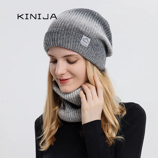 2021 New Women Winter Hat Gradient Striped Ski Hat Neck Warmer Female Tie Dye Beanie russia outdoor thicken plush Hat+Scarf Set