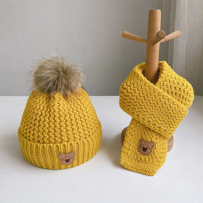 Autumn And Winter Children's Hats Scarves Two-piece Set Plush Insulation Knitted Hat Set Little Bear Wool Hat