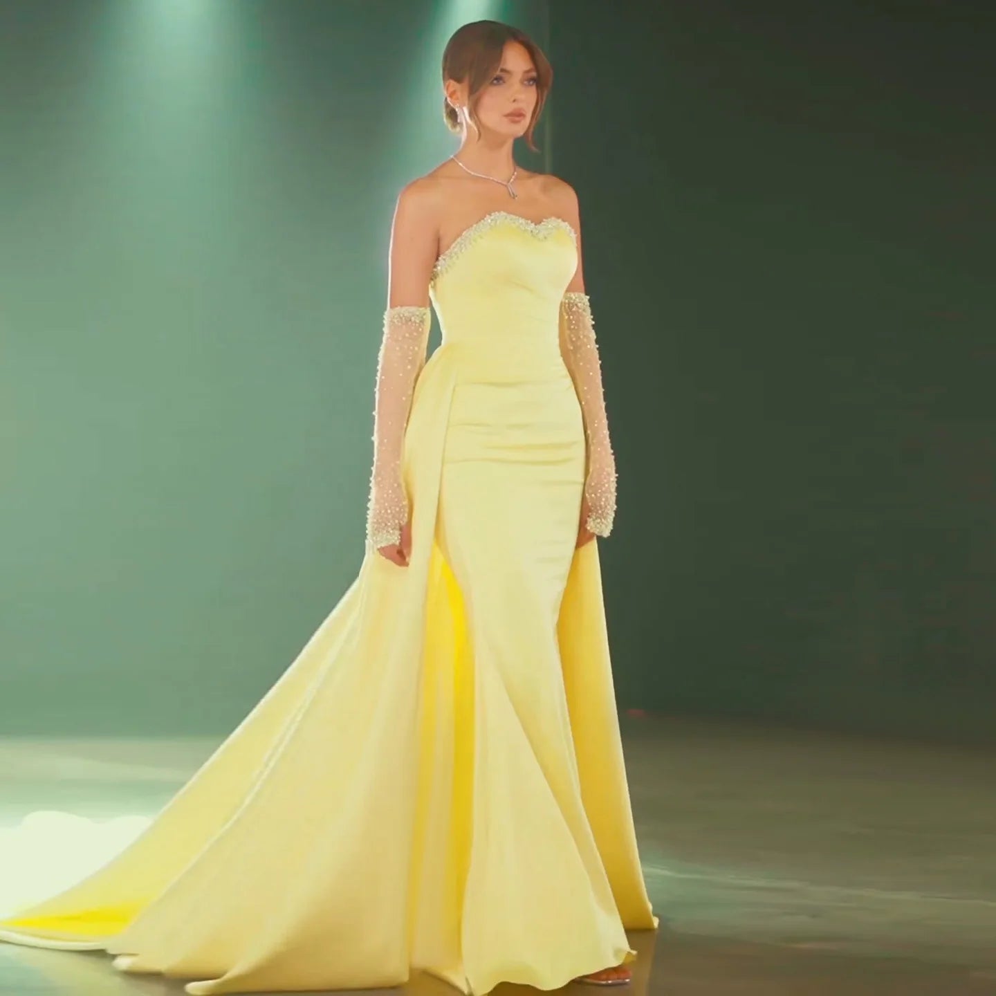 Sharon Said Elegant Sweetheart Yellow Satin Evening Dress with Gloves Beaded Pearls Women Wedding Party Gowns SS586 Customized