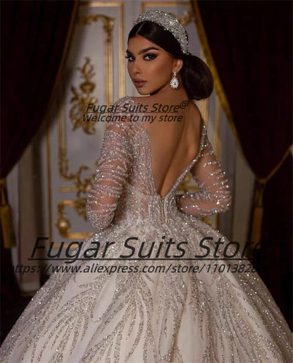 High-end O-neck Beading Bridal Wedding Dress Elegant Long Sleeve Sexy Ball Gown Long Bridal Solemn and Luxuly vestido de novia