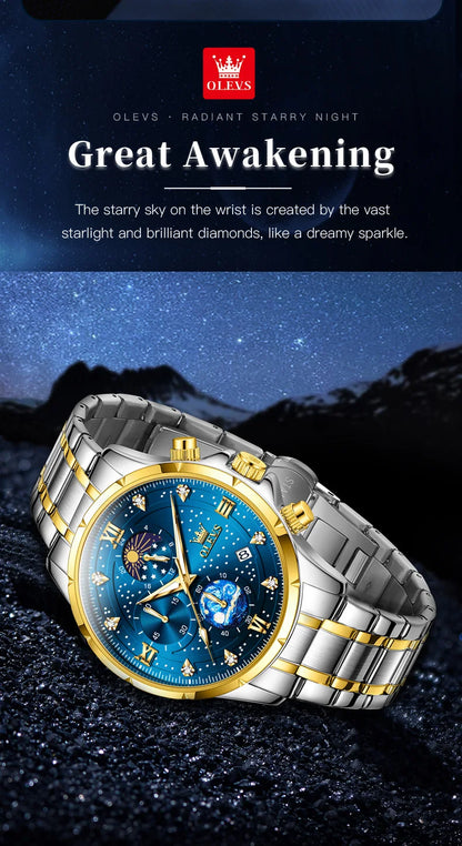 OLEVS 9807 New Man Watch Starry Sky Moon Phase Chronograph Waterproof Luminous Auto Date Hand Clock Luxury Quartz Watch for Men