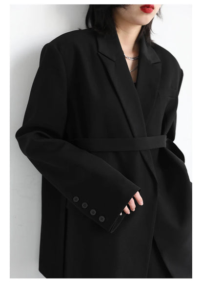 CHIC VEN Women Blazer Design Wide Shoulder Ribbon Solid Women's Medium Long Coat Office Lady Female Overcoat Spring Autumn 2022