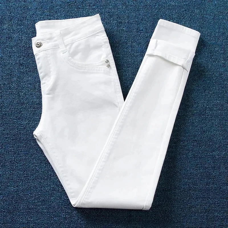 2023 Spring Autumn new White Jeans Women Fashion Slim Pencil High Waist Skinny Elasticity Denim Pants Female Trousers tide H2366