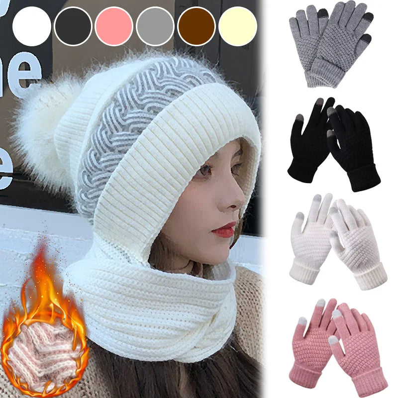 New Super Cute Warm Winter Scarf Hat Gloves with Fleece Thickened Ear Protection One-piece Knit Hat Are Windproof and Cold