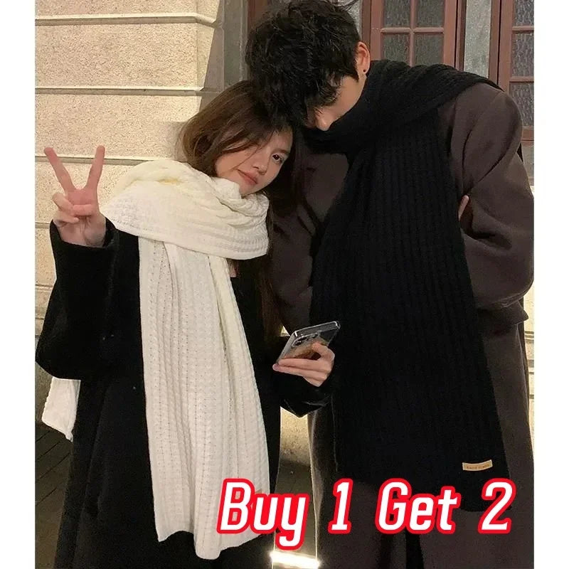 【Buy 1 Get 2】Couple Scarf Thickened Thermal Wool Knitting INS Korean Knit Thick Scarves Women Men Unisex Solid All-Match Scarves