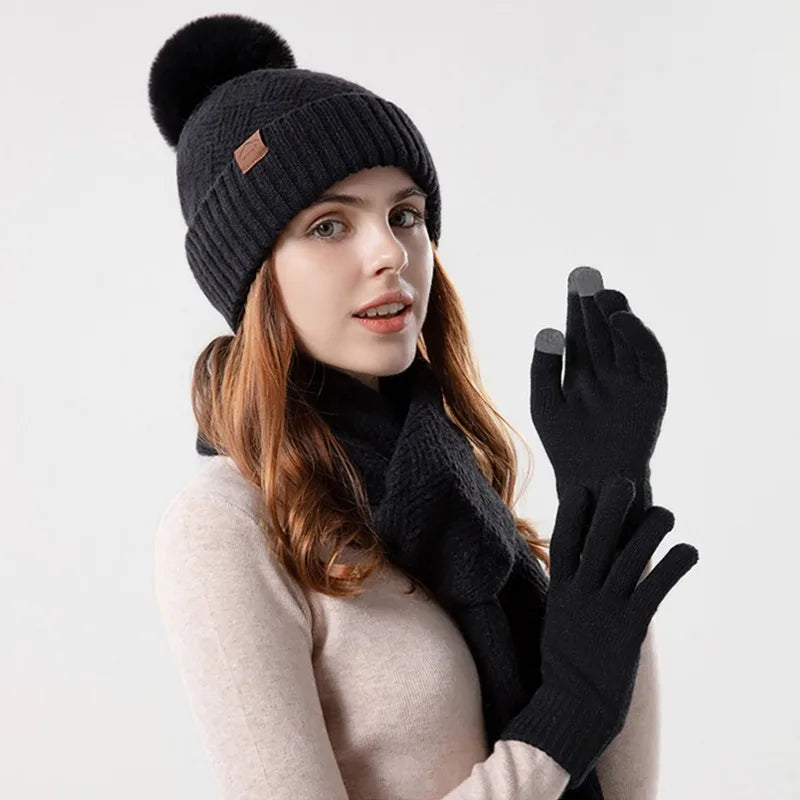 3pcs/set Winter Beanie Hat Scarf Touchscreen Gloves Set for Women Warm Knit Fleece Lined Hat Set Leather Label Fur Ball Cap