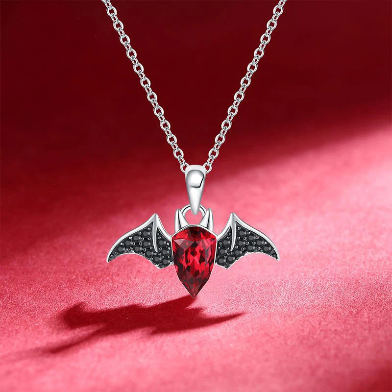 Silver 925 Red Crystal Bat Pendant Necklace for Women Girl Choker Chain Necklaces Halloween Cute Animal Accessories Party Gift