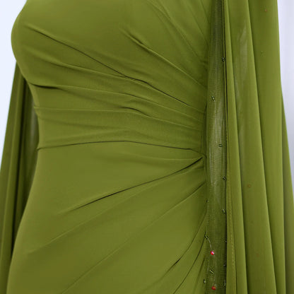 Sharon Said Custom Made Asymmetrical Sage Green Chiffon Arabic Evening Dress with Cape Sleeve For Women Wedding SF051 Customized