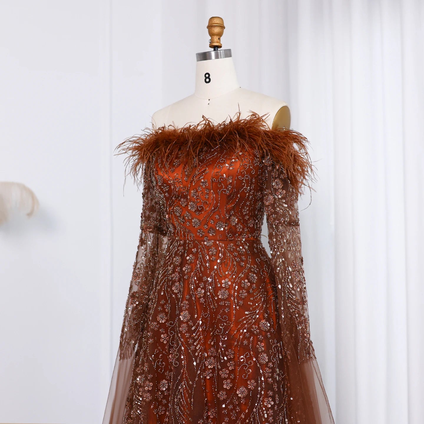 Sharon Said Off Shoulder Luxury Feather Brown Evening Dress with Cape Sleeve Navy Blue Women Wedding Party Gown SS135 Customized