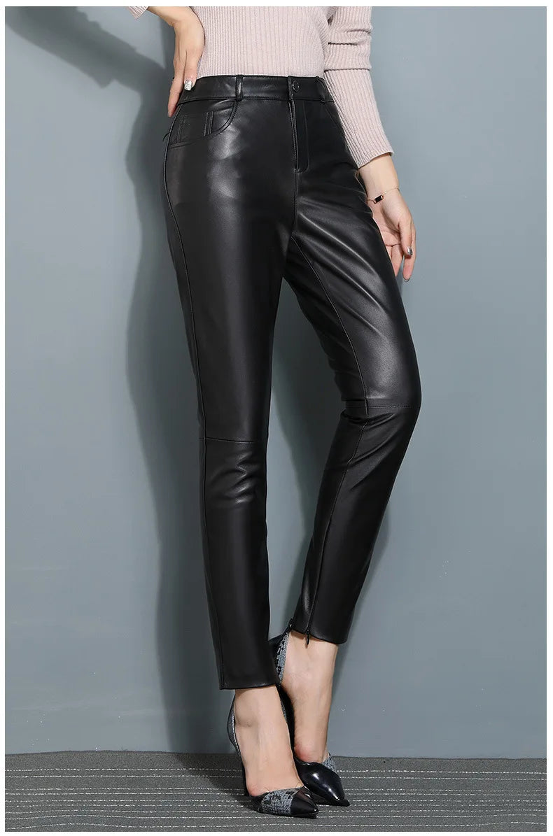 Leather Pants, Women's Slimming Small Leg Sheepskin Pencil Pants, Spring And Autumn, Leather Leggings ,Slim Leather Pants 4XL