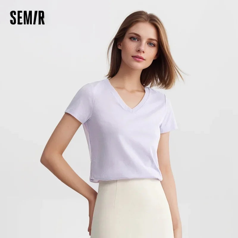 Semir Short Sleeve T-Shirt Women Slim V-Neck Positive Shoulder Simple 2024 New Antibacterial Summer Solid Colour Versatile T shi