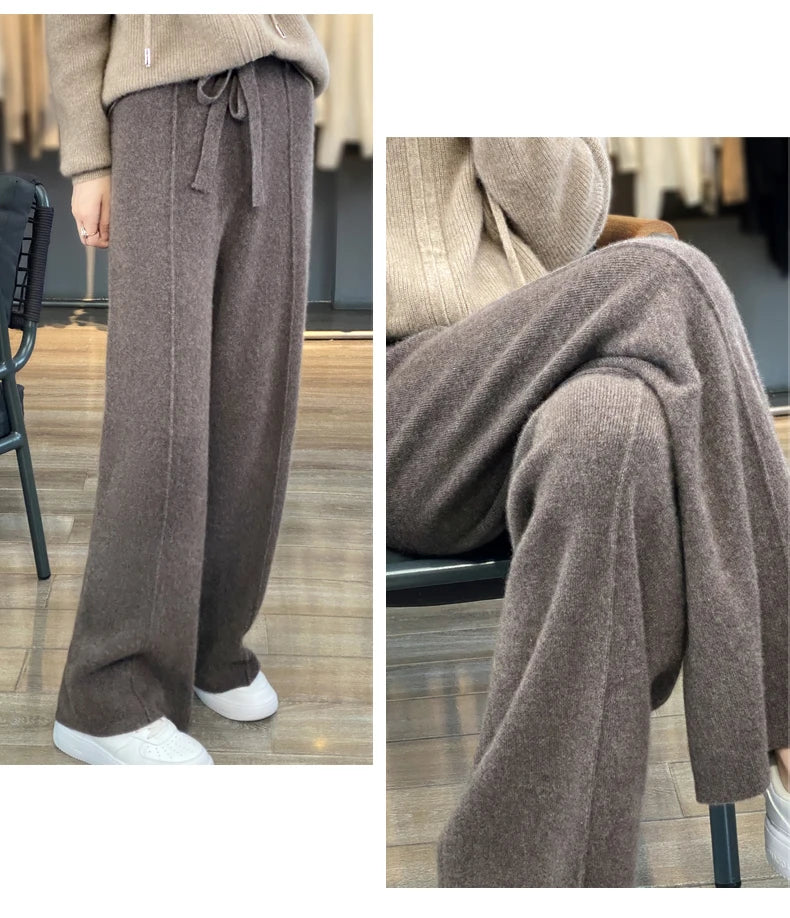 2023 autumn and winter new high-waisted wool mopping pants women's casual wide-leg pants hang out knitted woolen pants