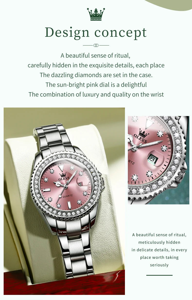 OLEVS Women's Watches Top Brand Original Quartz Ladies Watch Luxury Bezel Diamond Wristwatch Waterproof Enlarge Date Gift Set