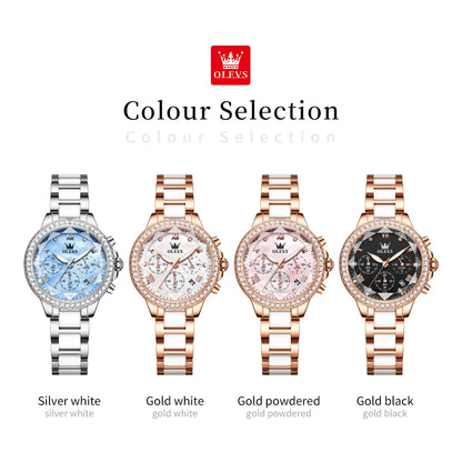 OLEVS Women's Watches Fashion Luxury Rhinestone luminous waterproof Bezel Ceramic Strap Quartz Women watch for Women Reloj mujer