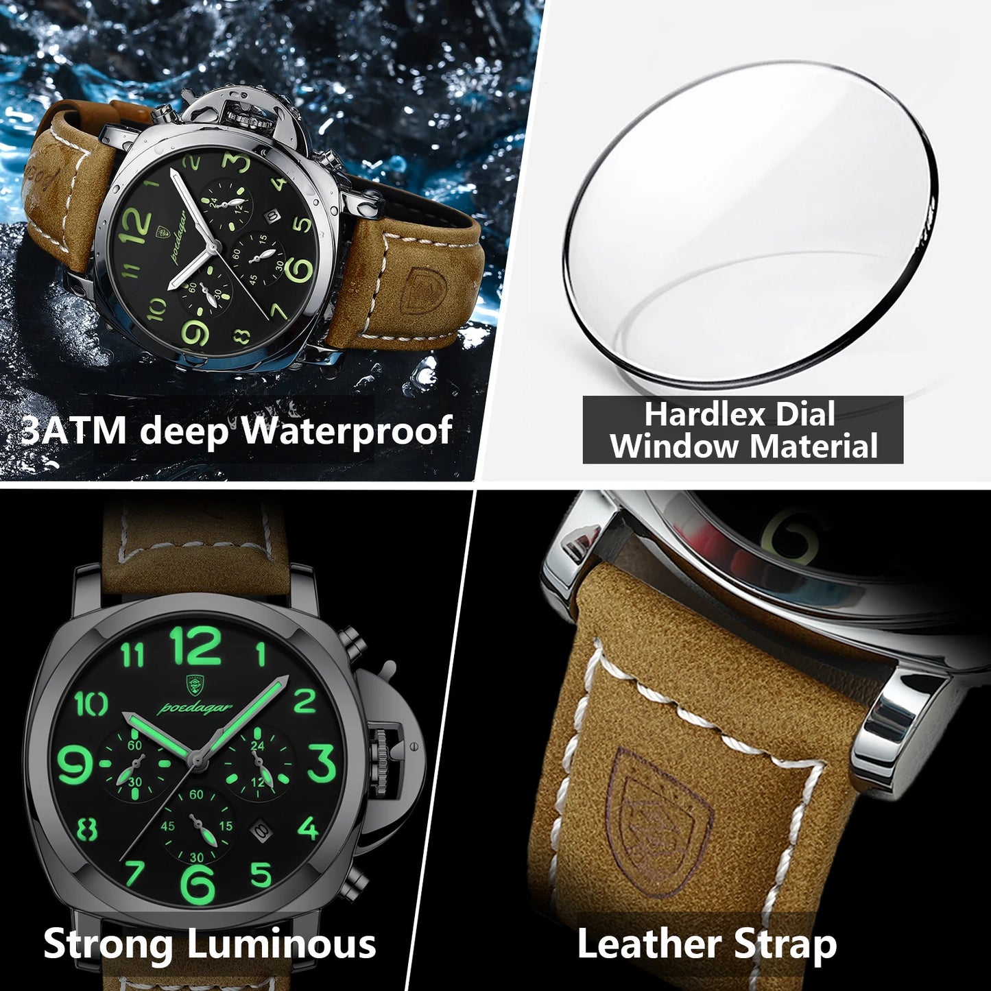 POEDAGAR Luxury Military Watch For Men Waterproof Luminous Date Chronograph Man Watch Sports Casual Leather Men's Quartz Watches