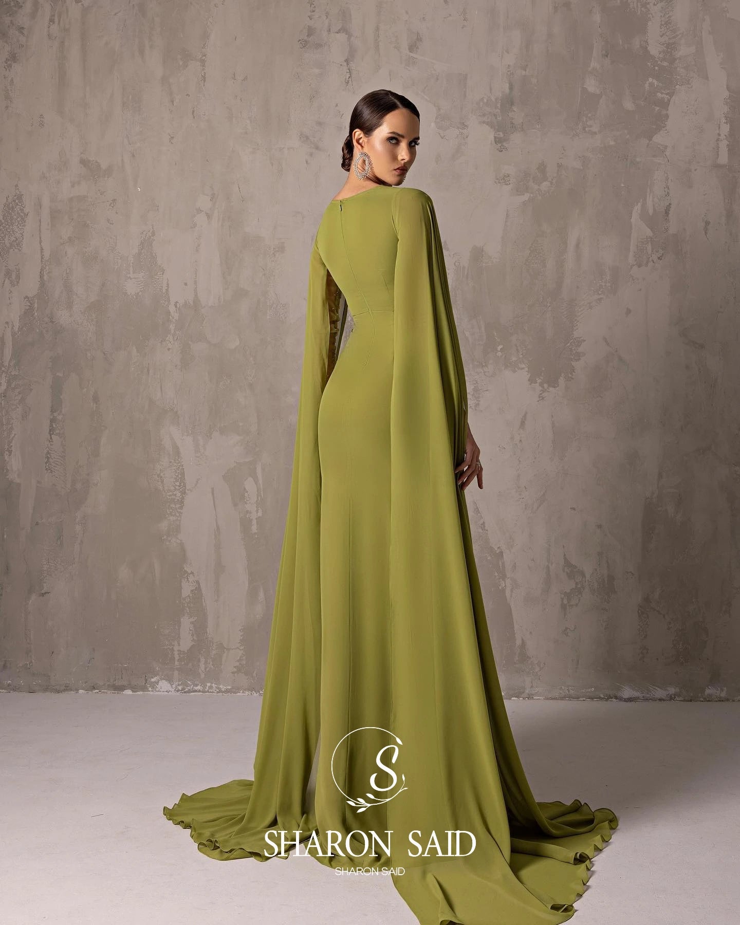 Sharon Said Custom Made Asymmetrical Sage Green Chiffon Arabic Evening Dress with Cape Sleeve For Women Wedding SF051 Customized