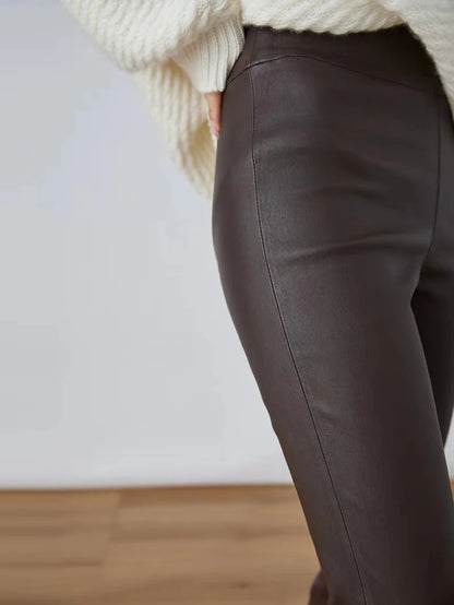 Women Clothing Genuine Leather Skinny Pants Simple Casual Elastic Waist Trousers Sheepskin All-Match Black/Coffee Frauen Hosen