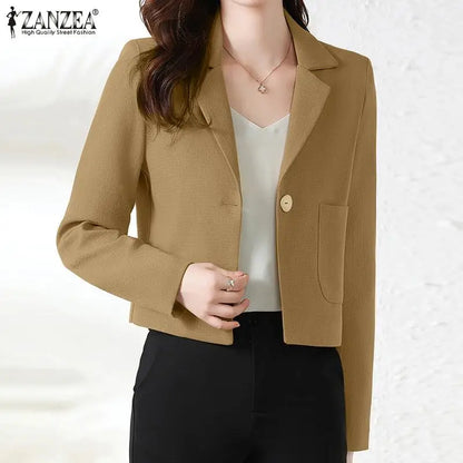 ZANZEA Stylish Women OL Work Blazer Autumn Elegant Office Lady Suits Blazer Casual Solid Crop Top Lapel Neck Long Sleeve Outwear