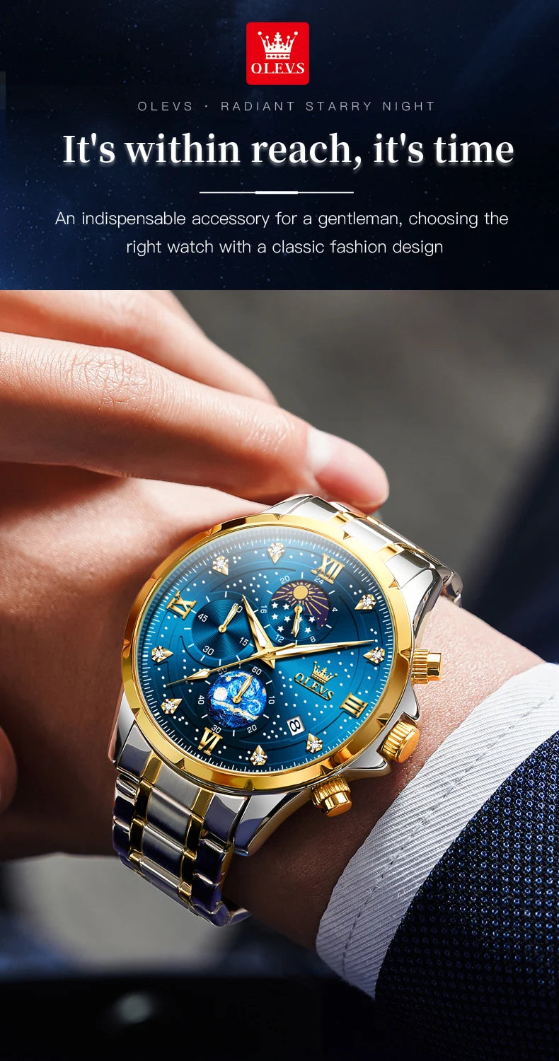 OLEVS 9807 New Man Watch Starry Sky Moon Phase Chronograph Waterproof Luminous Auto Date Hand Clock Luxury Quartz Watch for Men