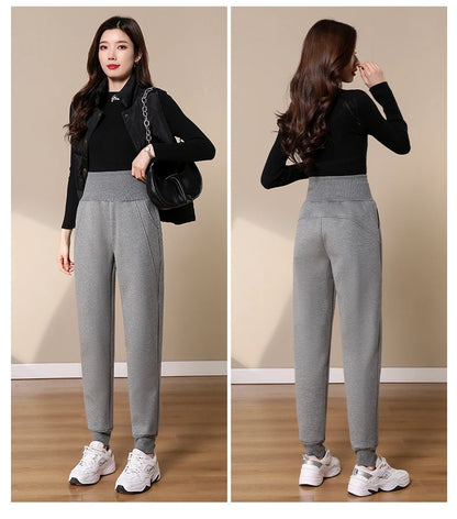 Women Pants Warm Winter Thick Lambskin Cashmere Pants High Waist Black Harem Long Trousers Wool Cold Resistant Pants PELEDRESSS