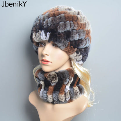 Women Knit Real Rex Rabbit Fur Hat Scarf Sets Natural Warm Rex Rabbit Fur Scarves Hat Winter Lady Real Rex Rabbit Fur Hat Scarf